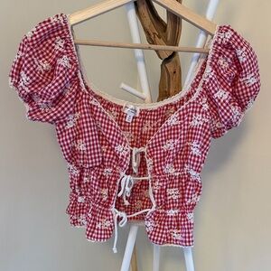 Red Gingham Puff Sleeve Crop  Top